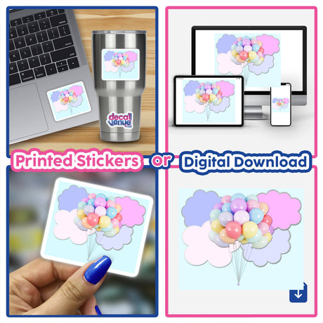 Pastel balloons floating in a blue sky with pink and lavender clouds, displayed on various digital devices and printed stickers from the Decal Venue online store.