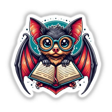 Whimsical bat with reading glasses holding an open book digital artwork