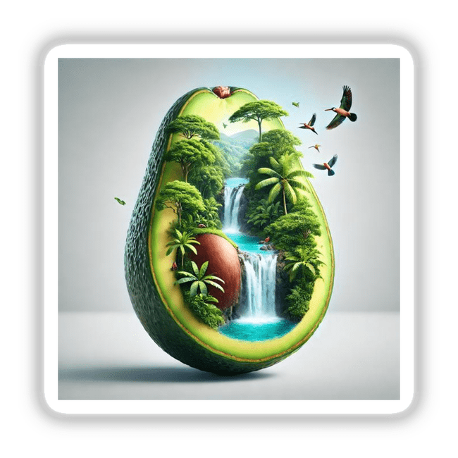 Rainforest Retreat Jungle Paradise Inside an Avocado: a digitally illustrated avocado with a waterfall, flying birds, and lush trees, available as stickers or digital artwork from Decal Venue.