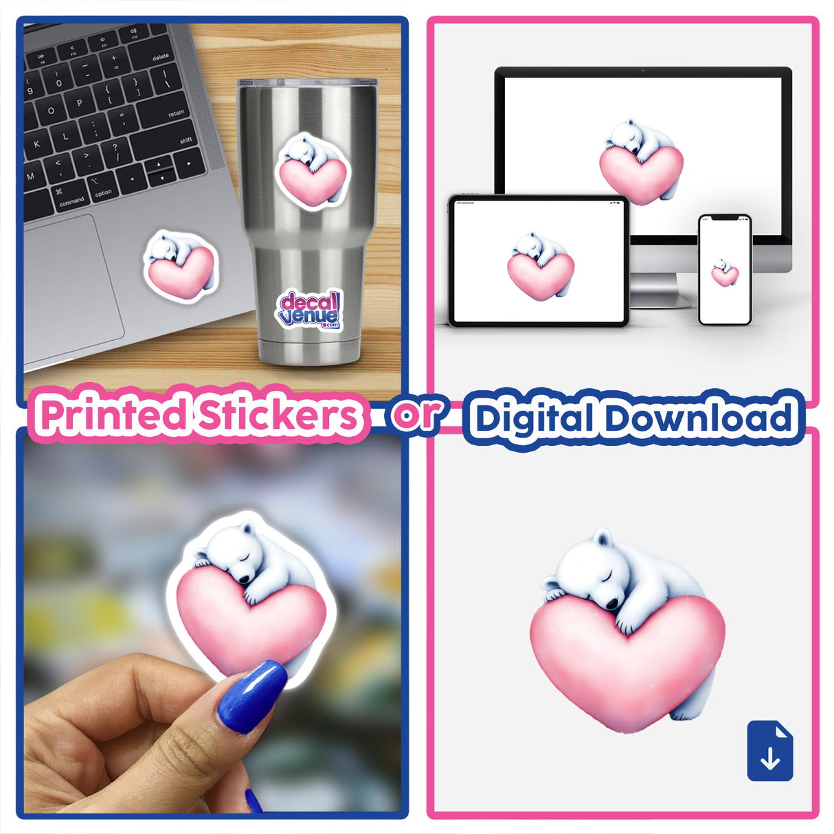 Polar Bear Sleeping on Heart sticker on a laptop, featuring a cute bear nestled on a pink heart, perfect for adding charm to spaces. Ideal for sticker lovers from Decal Venue.