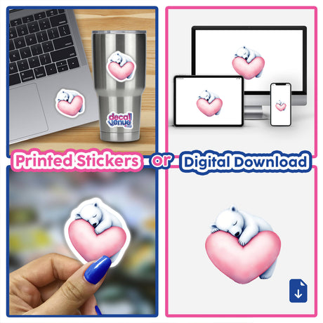 Polar Bear Sleeping on Heart sticker on a laptop, featuring a cute bear nestled on a pink heart, perfect for adding charm to spaces. Ideal for sticker lovers from Decal Venue.