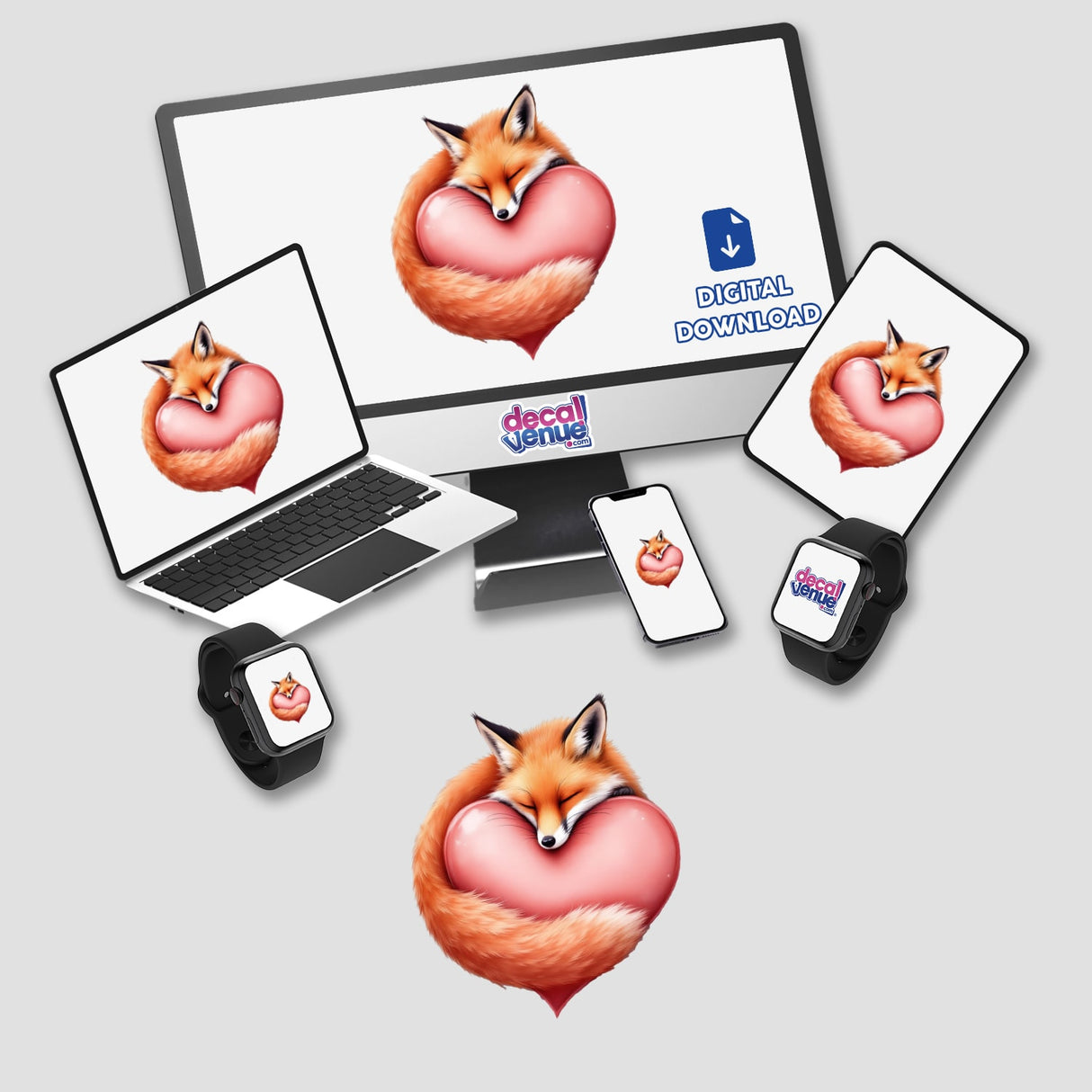 Sleeping Fox on a Heart design displayed on a computer monitor and laptop, featuring a fox hugging a heart, ideal for stickers or digital art from Decal Venue.