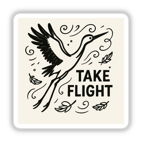 Take Flight Crane Sticker features a crane with bold black lines and swirling patterns, embodying ambition. Available in multiple sizes and as digital artwork, perfect for inspiring adventure and growth.