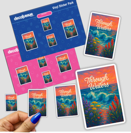 Through the Waters – Isaiah 43:2 Fauvist Summer Floral Shoreline Sticker or Clipart features expressive wild beach flowers and ocean waves, with the message Through the Waters prominently displayed.