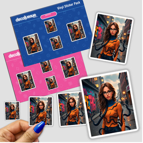Sticker pack titled 'A Scary Symbiote Mutant Girl' featuring illustrations of women entangled with tentacles, showcasing unique vinyl designs and digital art.
