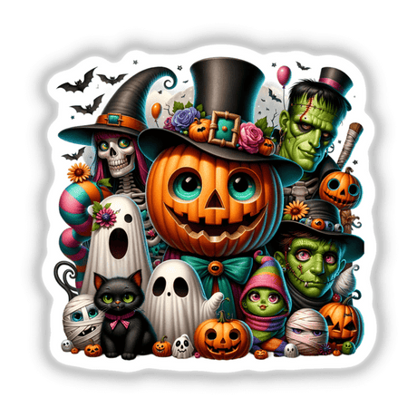 Halloween Family of Characters artwork featuring a pumpkin head, witch, ghost, black cat, mummy, Frankenstein, and bats. Available as Stickers or Digital Art.