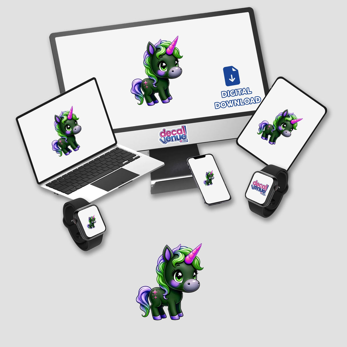 Cute And Magical Pony Unicorn digital artwork displayed on various devices, including a computer, laptop, and smartwatch, showcasing whimsical unicorn cartoons. Available as stickers or digital artwork.