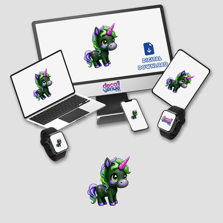 Cute And Magical Pony Unicorn digital artwork displayed on various devices, including a computer, laptop, and smartwatch, showcasing whimsical unicorn cartoons. Available as stickers or digital artwork.