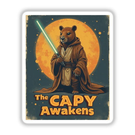 The Capy Awakens Sticker or Clipart depicts a cartoon capybara wielding a light saber, inspired by Star Wars. Perfect for fans, available as stickers or digital artwork with commercial rights.