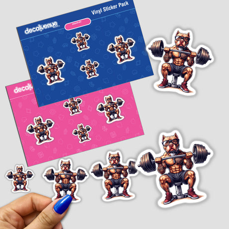 Muscular pitbull dog wearing glasses and lifting weights, featured as digital artwork stickers for Decal Venue's Pittie Pawty collection