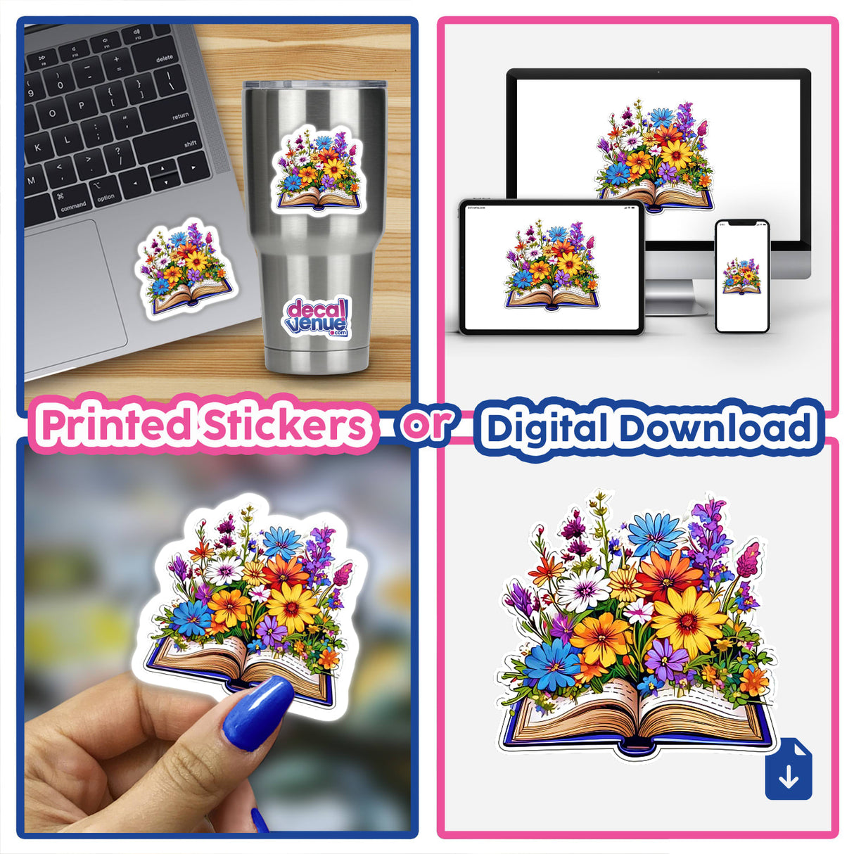 Colorful floral book sticker on laptop and digital artwork showing flower-filled open book displayed on various devices