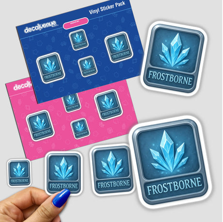 Frostborne – RPG-Style Skill Badge features a silver icy crystal emblem, available as a sticker or digital artwork, epitomizing Decal Venue's unique vinyl and digital art offerings.