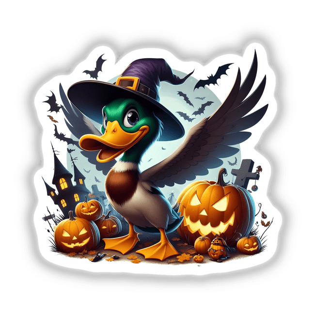 Halloween Mallard Duck Haunted Patch featuring a cartoon duck in a hat with pumpkins, a bat, and carved faces. Available as Stickers or Digital Artwork.