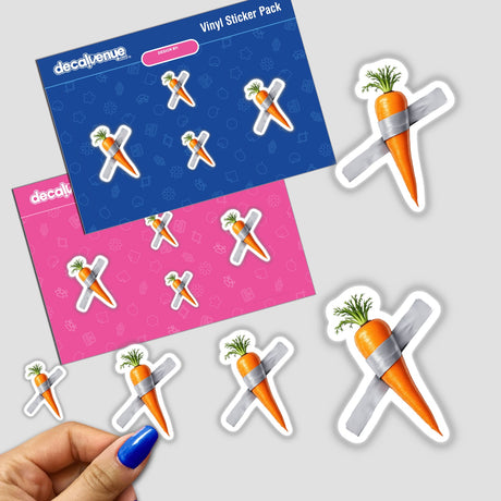 Carrot Duct Tape Art features unique stickers depicting carrots wrapped in tape, available as stickers or digital artwork. Perfect for adding quirky charm to any surface.