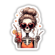 Spooky peace mama Halloween girl in orange: Skeleton wearing heart-shaped sunglasses, holding a drink with peace sign