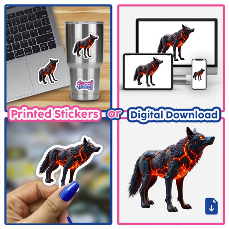 Molten Lava Wolf collage featuring a black wolf with lava-like accents, available as unique stickers or digital artwork from Decal Venue.