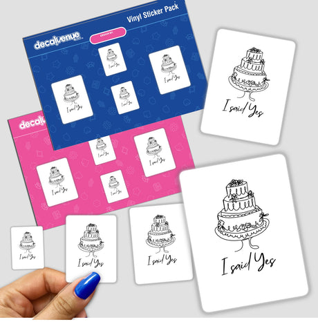 Hand holding an I said Yes cake sticker pack, featuring a drawing of a cake, available as stickers or digital artwork.