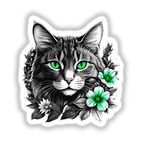 Cat Green Eyes Portrait Floral Accents PA41
