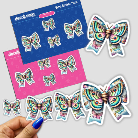 Colorful butterfly-shaped digital art stickers on a blue and pink background. The stickers feature intricate and vibrant patterns, depicting ornate moth or butterfly designs with detailed wings and bodies. The product is part of the Decal Venue brand, which offers unique stickers and digital artwork for self-expression.