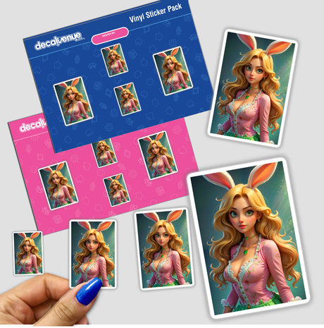 A hand holding a sticker pack featuring A Cute Easter Bunny Girl, showcasing a cartoon girl with long blonde hair and bunny ears. Available as stickers or digital artwork from Decal Venue.