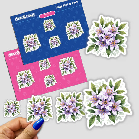 Elegant Citrus Blossom Clipart – Pale Purple Floral Design featuring a hand holding a sticker pack with various flower illustrations, ideal for adding quotes.