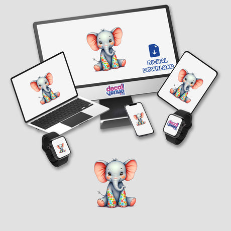 A Cute Elephant With Flowers cartoon displayed on a laptop screen, available as stickers or digital artwork, showcasing Decal Venue's unique vinyl sticker and digital art offerings.