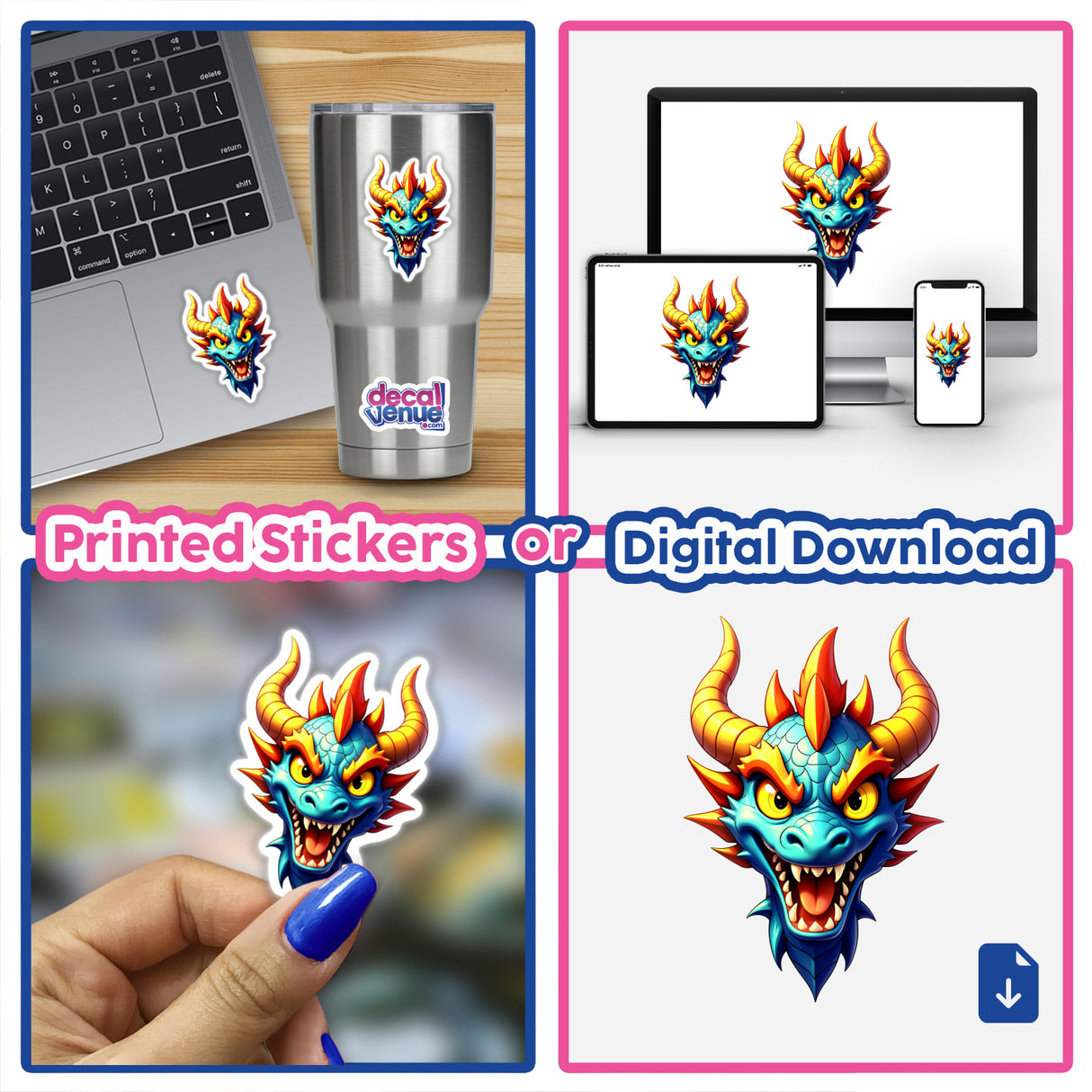 A Cool Fantasy Dragon sticker and digital artwork collage featuring a cartoon dragon with yellow horns, displayed on various devices including a laptop and a phone.