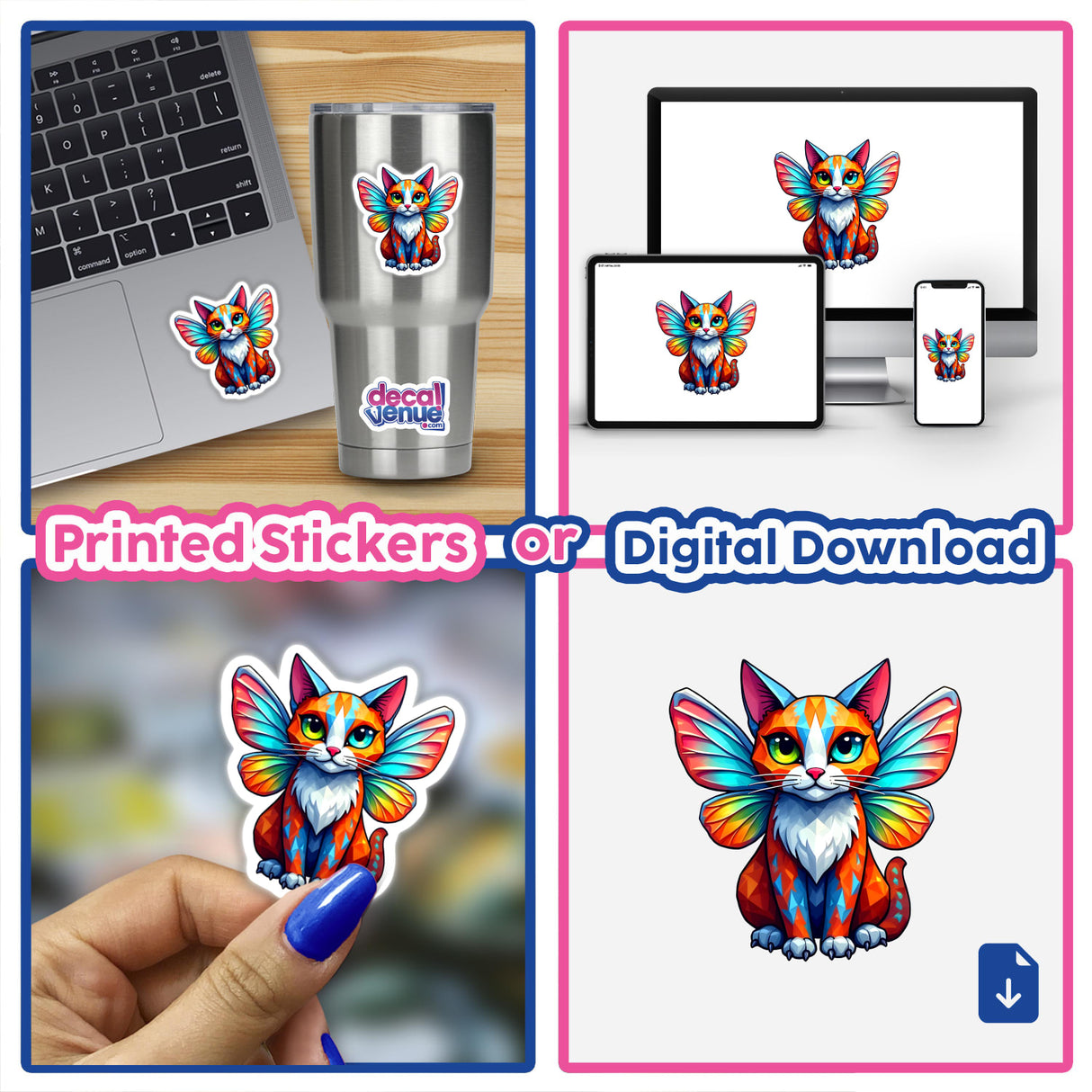 A collage featuring A Cute Geometric Fairy Cat stickers and digital downloads, including a whimsical winged cat design on cups, laptops, and handheld stickers.