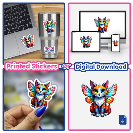 A collage featuring A Cute Geometric Fairy Cat stickers and digital downloads, including a whimsical winged cat design on cups, laptops, and handheld stickers.