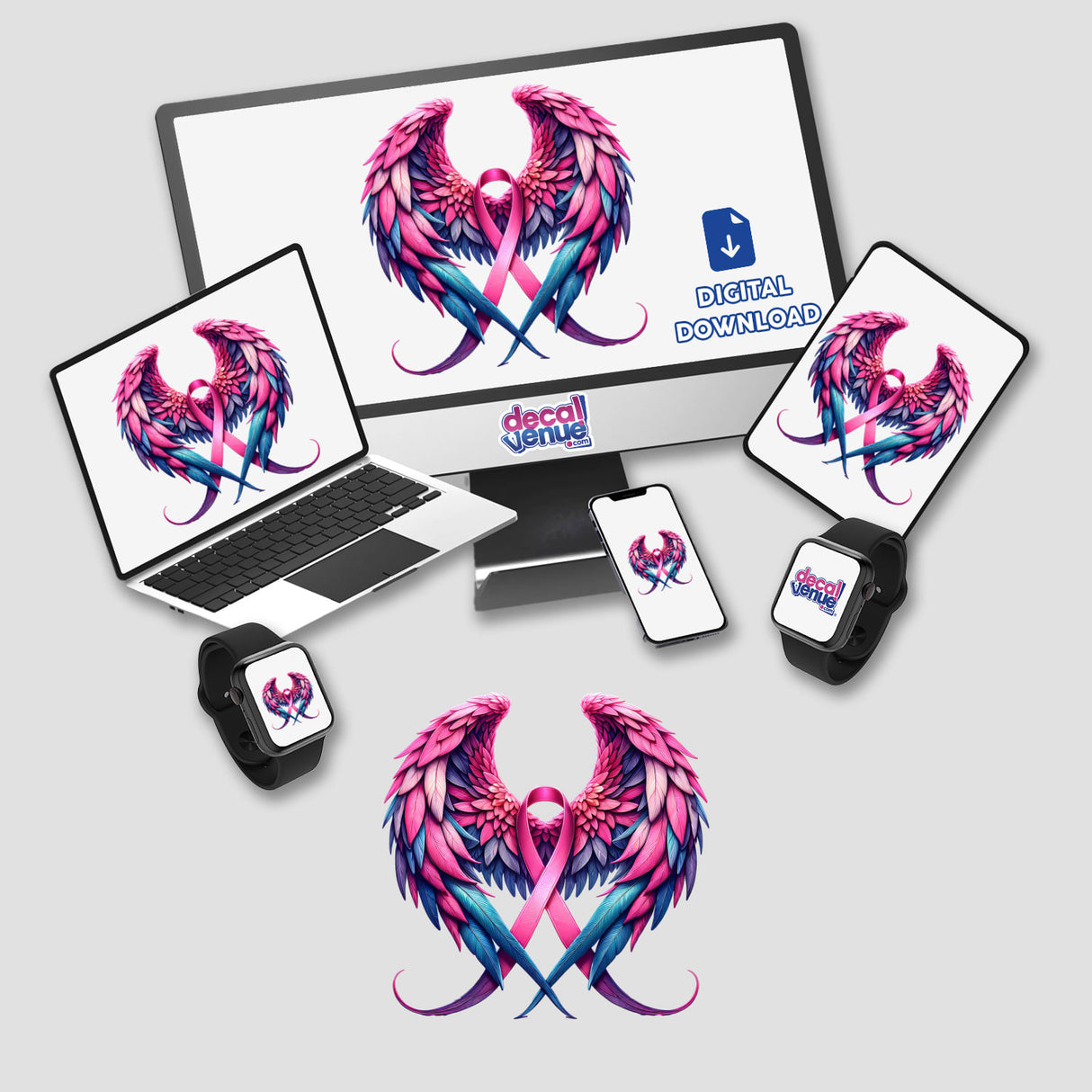Pink Awareness Ribbon with Wings sticker or digital artwork, featuring a laptop and monitor adorned with pink wings and ribbon, designed in a cartoon style.