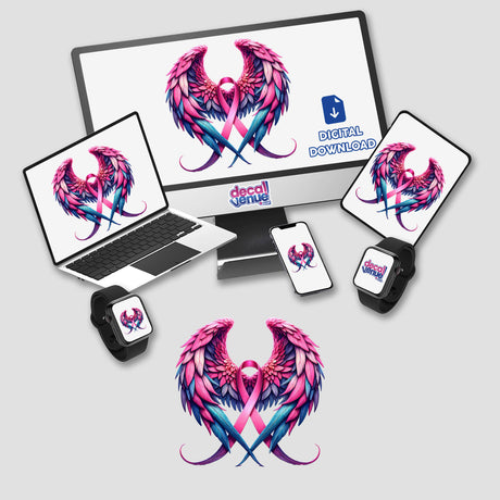 Pink Awareness Ribbon with Wings sticker or digital artwork, featuring a laptop and monitor adorned with pink wings and ribbon, designed in a cartoon style.