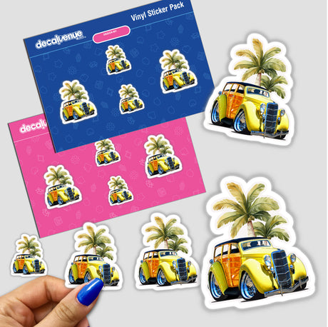 Sticker pack titled Yellow Woodie featuring a yellow car with a black roof and palm trees, held in a hand, available as stickers or digital artwork.