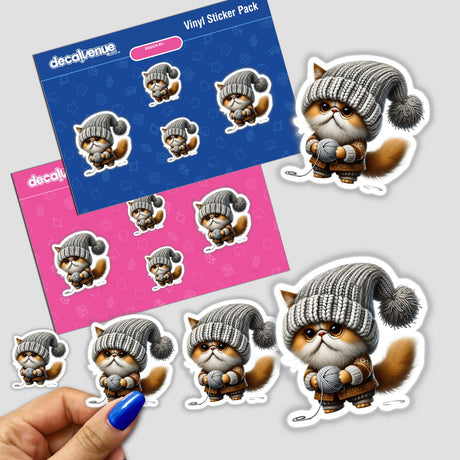 Persian Cat Gnome Holding Ball of Yarn sticker featuring a cartoon cat in a knitted hat. Available as stickers or digital artwork.