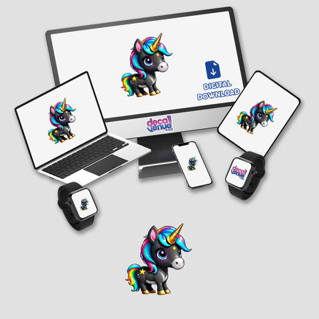 Cute And Magical Pony Unicorn displayed on devices, including a laptop and smartwatch. Available as stickers or digital artwork, showcasing a whimsical unicorn cartoon design from Decal Venue.