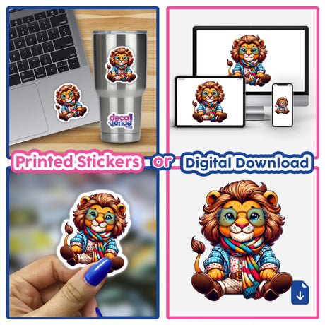 Stylish Lion cartoon in sunglasses and scarf featured on laptop, cup, and as stickers, showcasing unique designs from Decal Venue. Available as stickers or digital artwork.