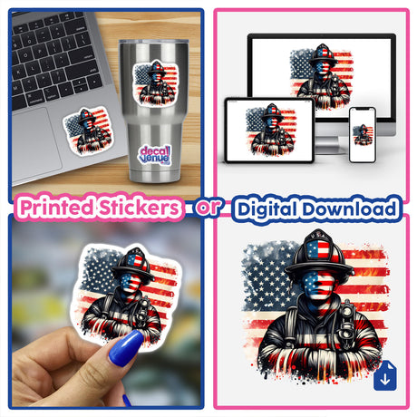 USA Flag Firefighter Fireman - Patriotic digital artwork featuring a firefighter silhouette against an American flag backdrop on various electronic devices and a print sticker.