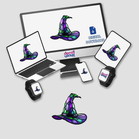Witch Hat Stained Glass Style depicted on a computer and laptop screen, available as stickers or digital artwork, emphasizing unique design elements ideal for Decal Venue's collection.