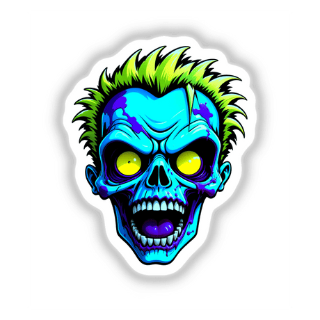 Cool Neon Punk Zombie Skull illustration featuring a cartoon skull with vivid details, available as stickers or digital artwork, capturing the edgy essence of Decal Venue's unique collection.