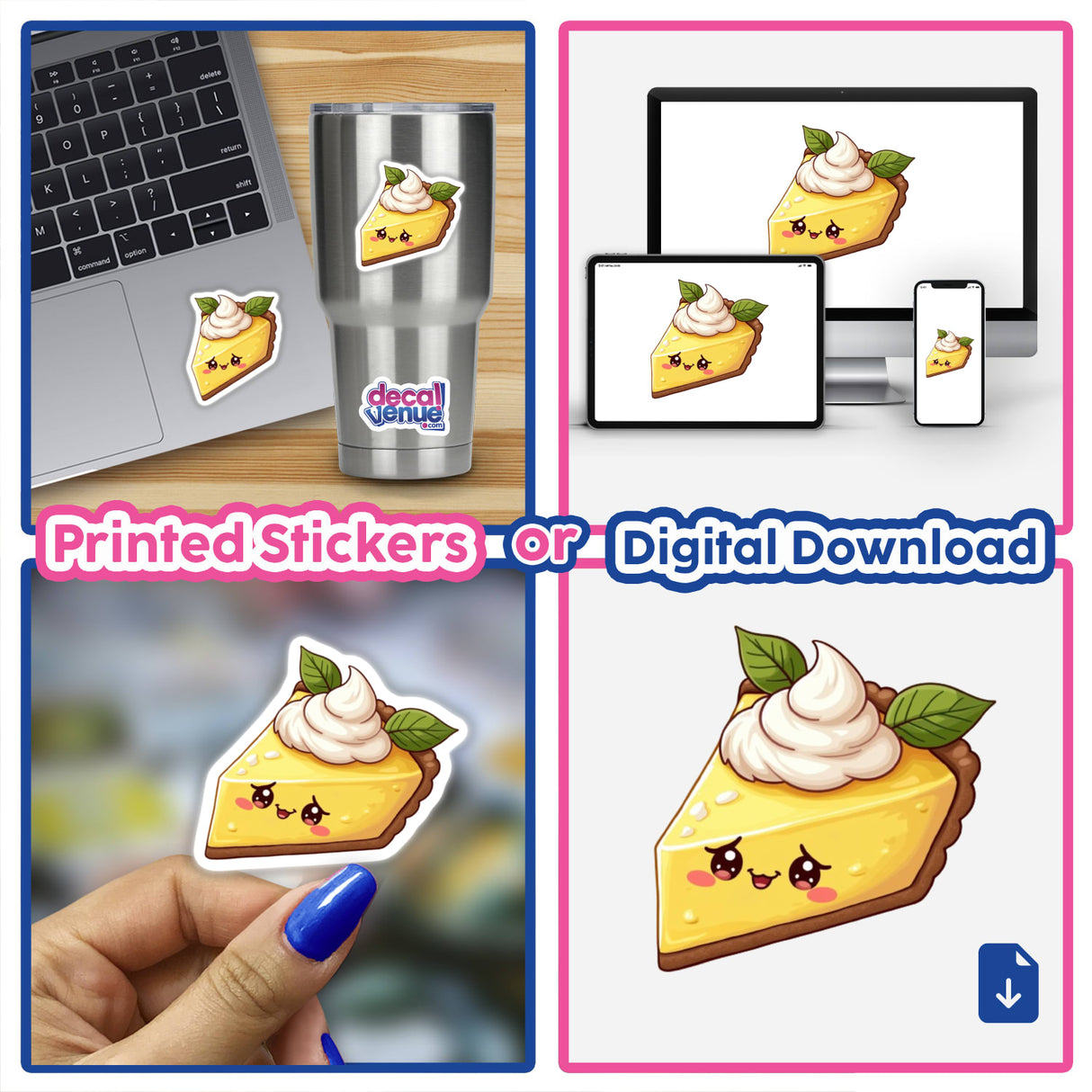 Kawaii Lemon Pie Slice Sticker featuring a cute dessert design, depicted in a collage with cartoon pie images and a laptop, showcasing its playful and whimsical aesthetic for Decal Venue's unique collection.