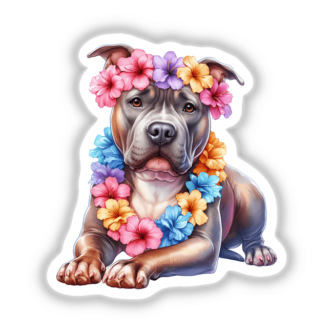 Resting Hawaiian Lei Pitbull Dog