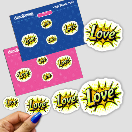 Love Valentine's Day sticker pack, featuring vibrant designs and a close-up of a person holding a sticker, available as physical stickers or digital artwork from Decal Venue.