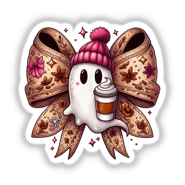 Cartoon illustrating Coquette Bow w/ Pumpkin Spice Ghost holding a coffee cup, wearing a hat, available as stickers or digital artwork.