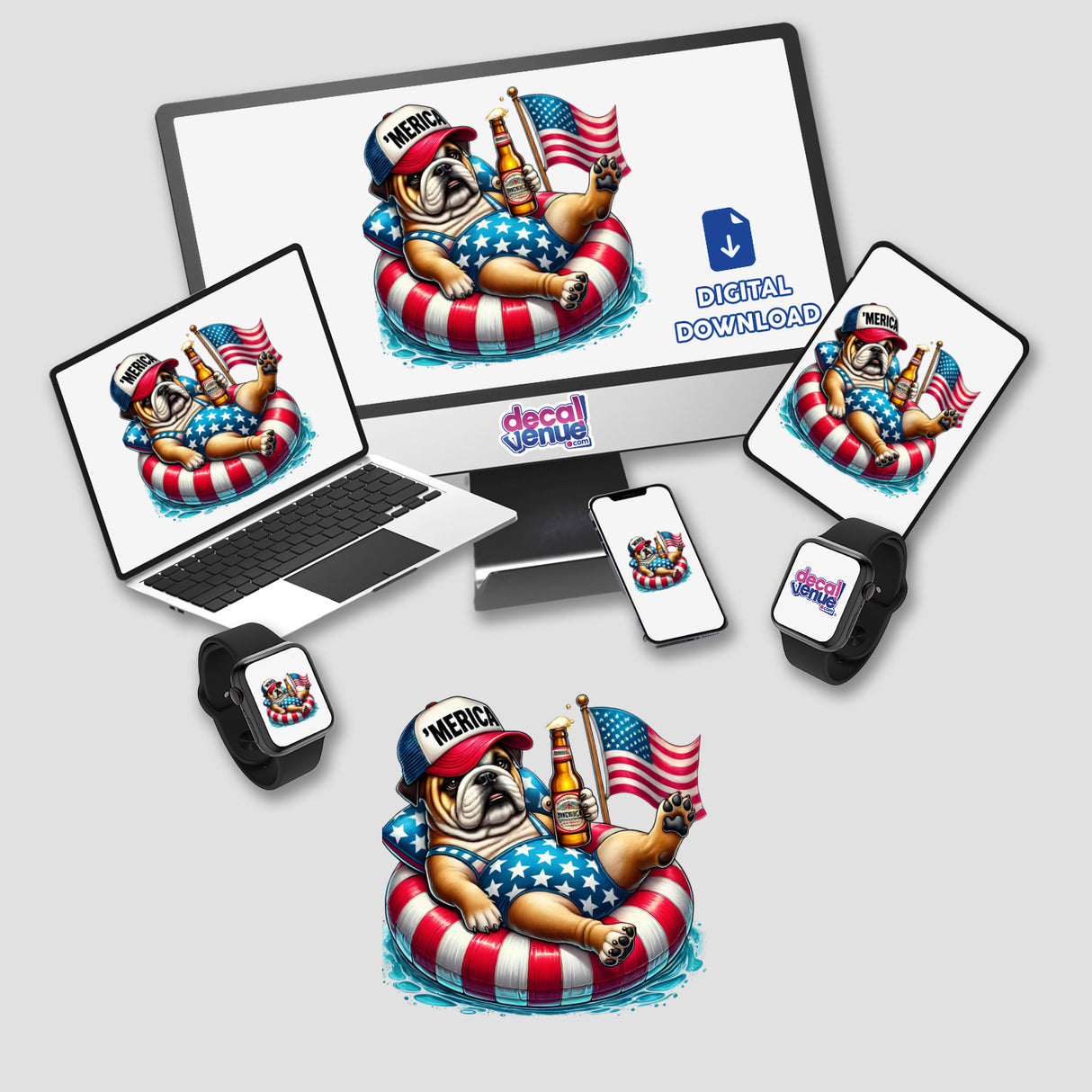 Computer monitor and laptop displaying Bulldog American Flag Float Merica digital artwork; images feature bulldogs on floats, available as stickers or digital art from Decal Venue.