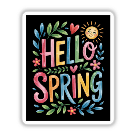 Hello Spring Sticker & Clipart featuring colorful typography and floral sun design, perfect for unique vinyl stickers or digital art with commercial rights from Decal Venue.
