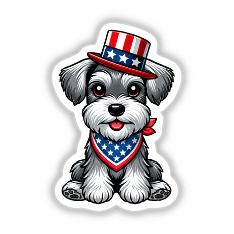 Patriotic Schnauzer Dog with USA Hat and Bandana – 4th of July Design featuring a gray schnauzer in an Uncle Sam hat and star-spangled bandana, ideal for digital crafts and printables.