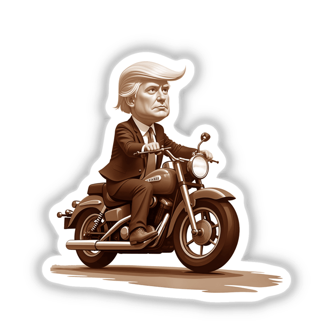 President Donald Trump on a motorcycle, depicted in cartoon style, showcasing him in a suit and tie riding confidently, available as unique stickers or digital artwork from Decal Venue.