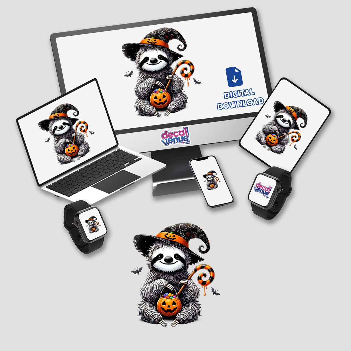 Halloween Sloth Trick or Treat Pumpkin: A digital artwork or sticker featuring a cartoon sloth in a hat holding a candy basket, displayed on a computer monitor and laptop screen.
