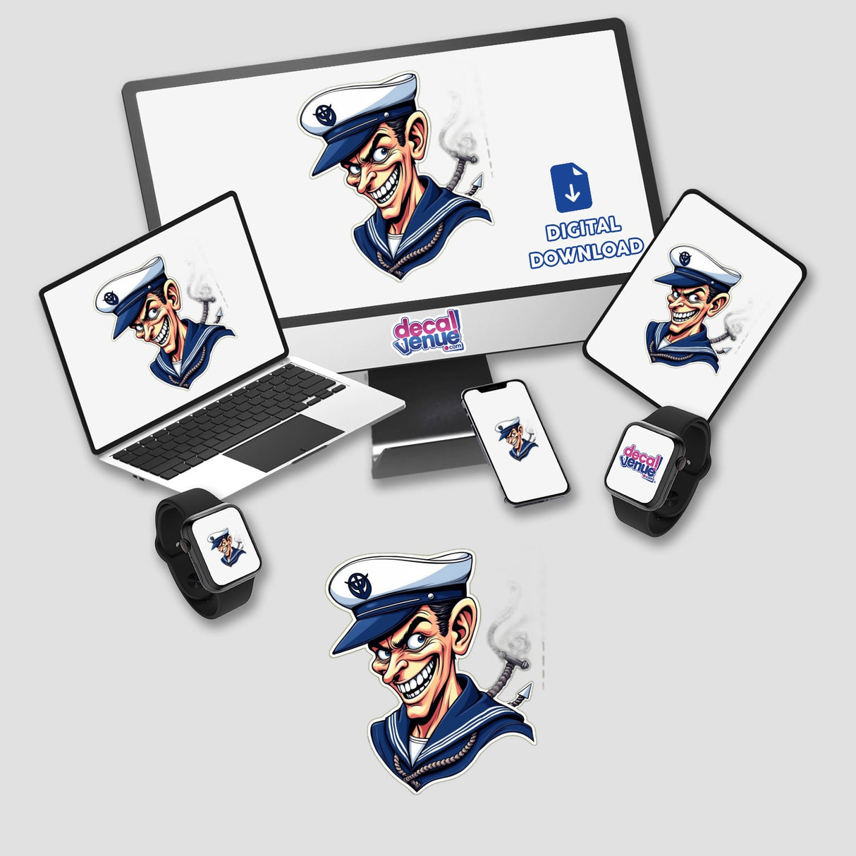 Marujo Sagaz stickers or digital artwork featuring cartoon characters on screens, including a laptop, monitor, and smartwatch, depicting a savvy sailor theme.