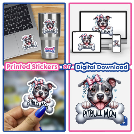 Charming gray pitbull dog surrounded by floral elements and "Pitbull Mom" text, versatile digital artwork or printed stickers available for purchase from Decal Venue store.