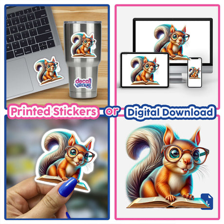 Squirrel With Reading Glasses Open Book sticker or digital artwork, featuring a cartoon squirrel intently reading, enhancing any space with a touch of whimsy and charm.